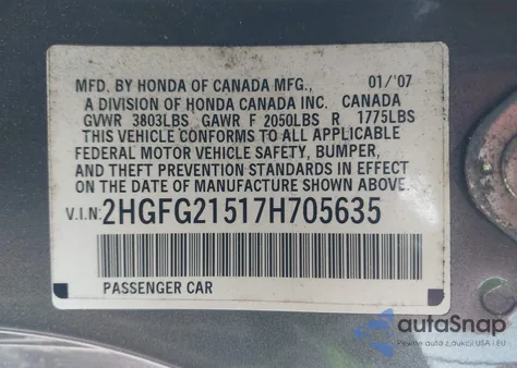 2007 Honda Civic Si z USA, uszkodzony, nr VIN 2HGFG21517H705635